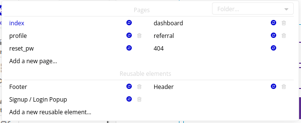 Pages dropdown in Bubble editor.