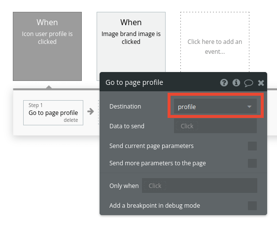 Page profile workflow seettings in Bubble editor.