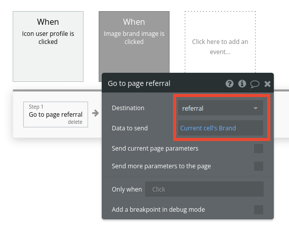 Page referral workflow settings in Bubble editor.