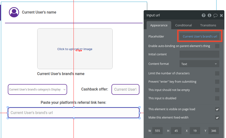 Adding a referral link text box in Bubble editor.