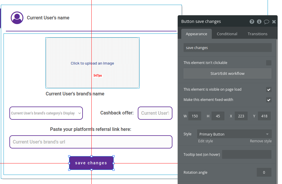 Adding a purple Save Changes button in Bubble editor.