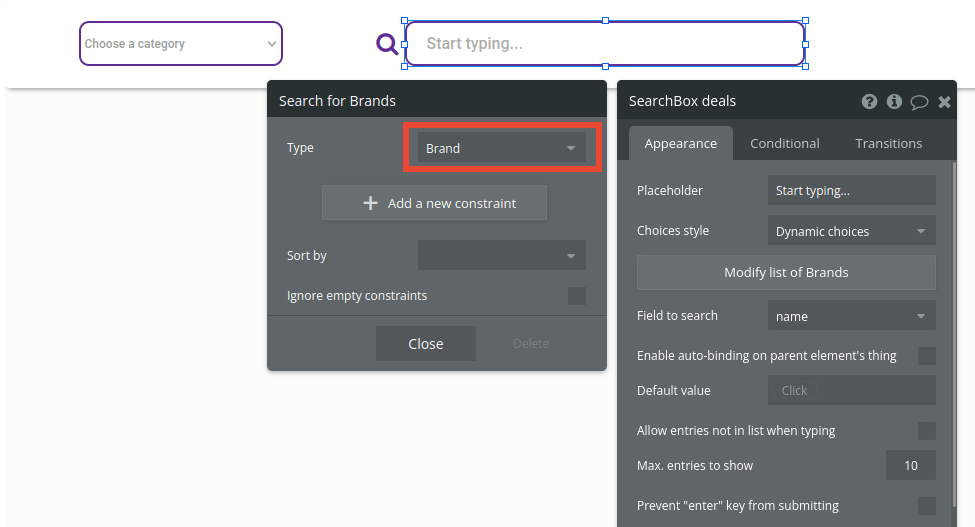 Brand search settings in Bubble editor.