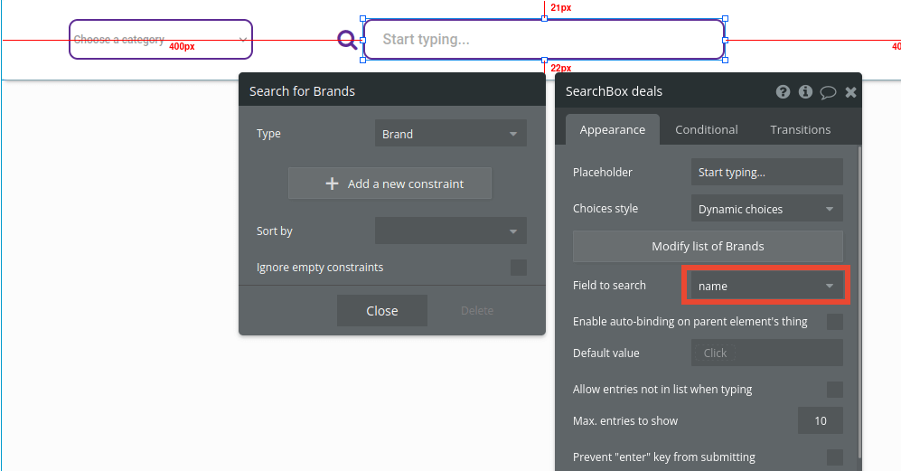 Search field settings in Bubble editor.