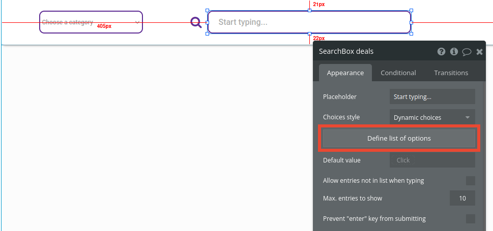 Settings to define list of options in Bubble editor.