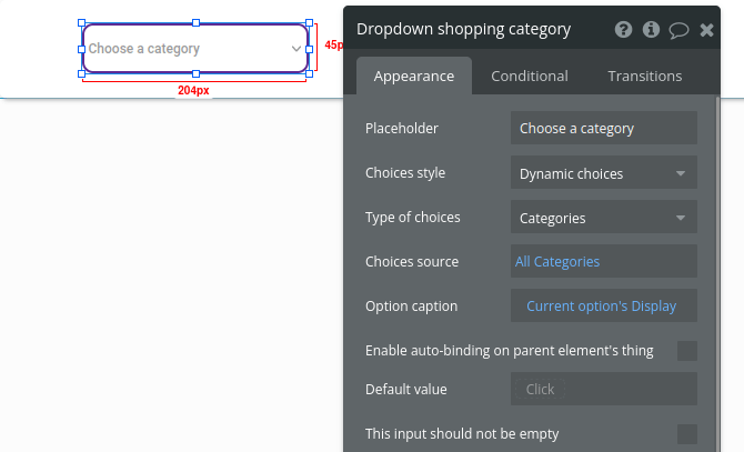 Adding dropdown shopping category in Bubble editor.