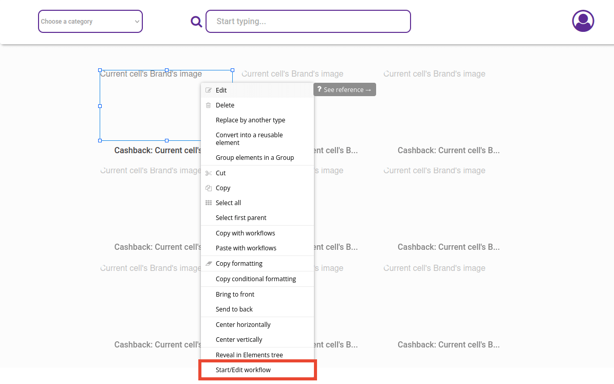 Star-edit workflow option in Bubble editor.