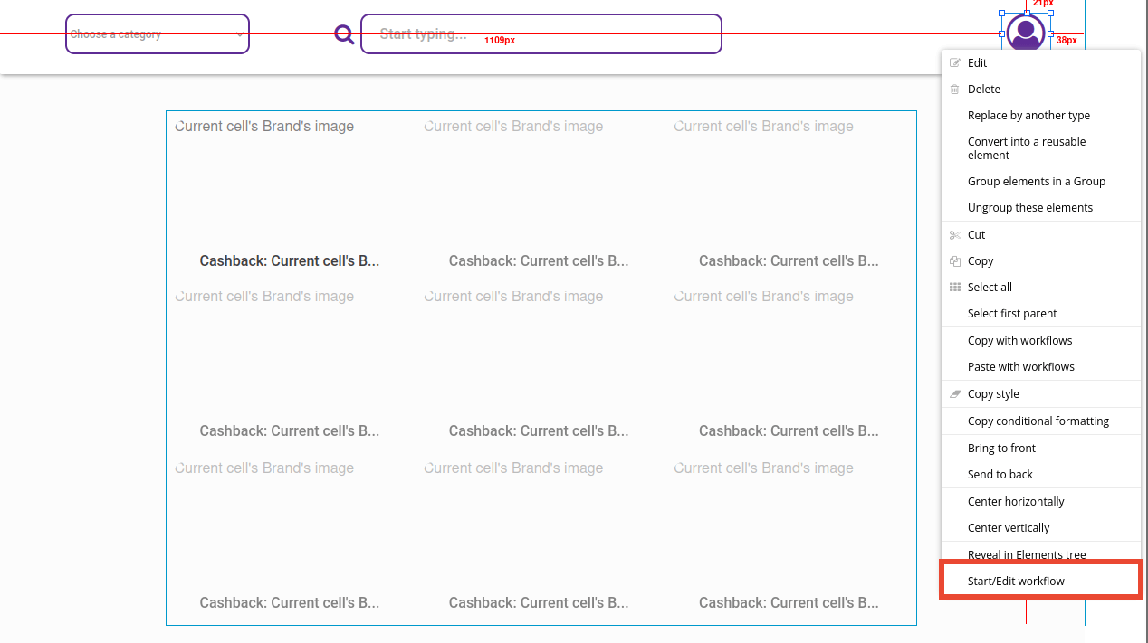 Start/edit workflow settings for Design tab in Bubble editor.