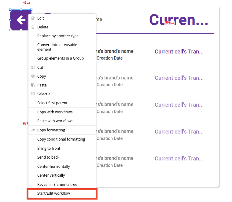 Start-edit workflow option in Bubble editor.