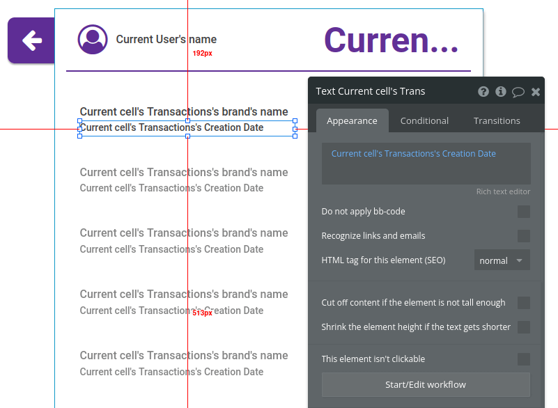 Transaction creation date settings in Bubble editor.