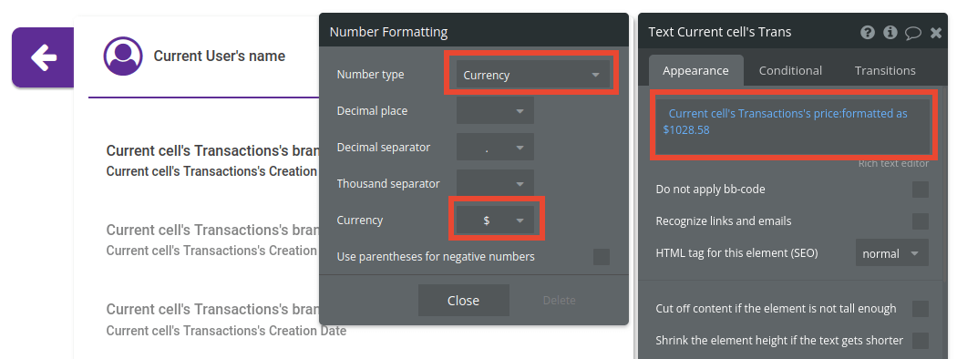 Currency settings in Bubble editor.