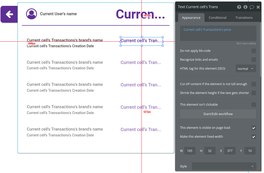 Current transaction price settings in Bubble editor.