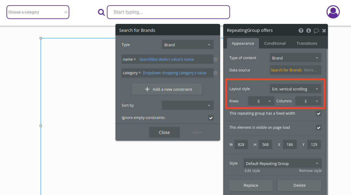 Layout style settings in Bubble editor.