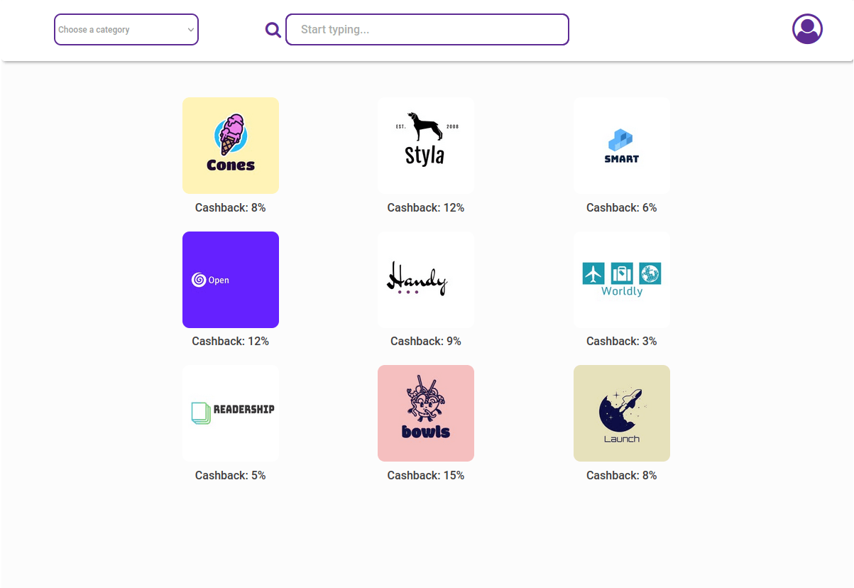 A cashback app dashboard, showing 9 brands each with their own cashback offers, a search box, a category dropdown selector and a profile link button.