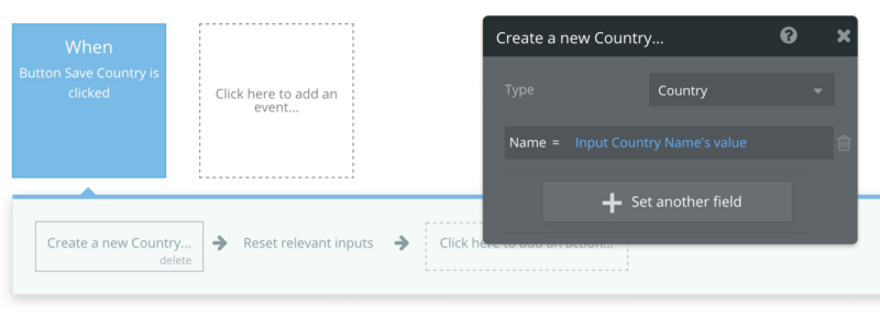 Bubble workflow settings to define actions for Create New button.