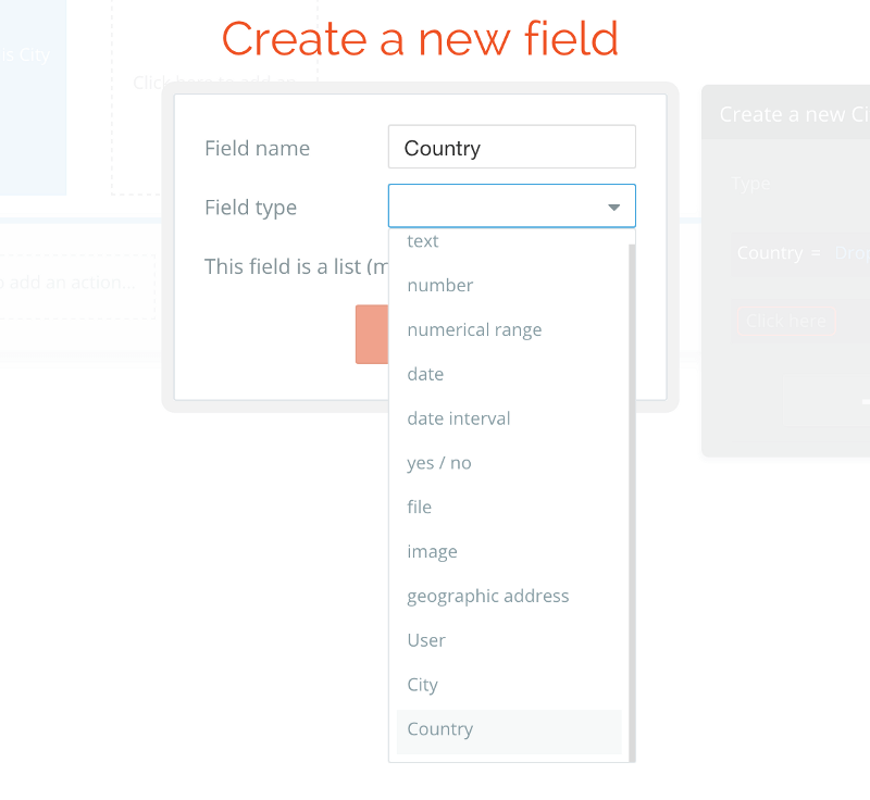 Create a new field dropdown settings in Bubble creator.