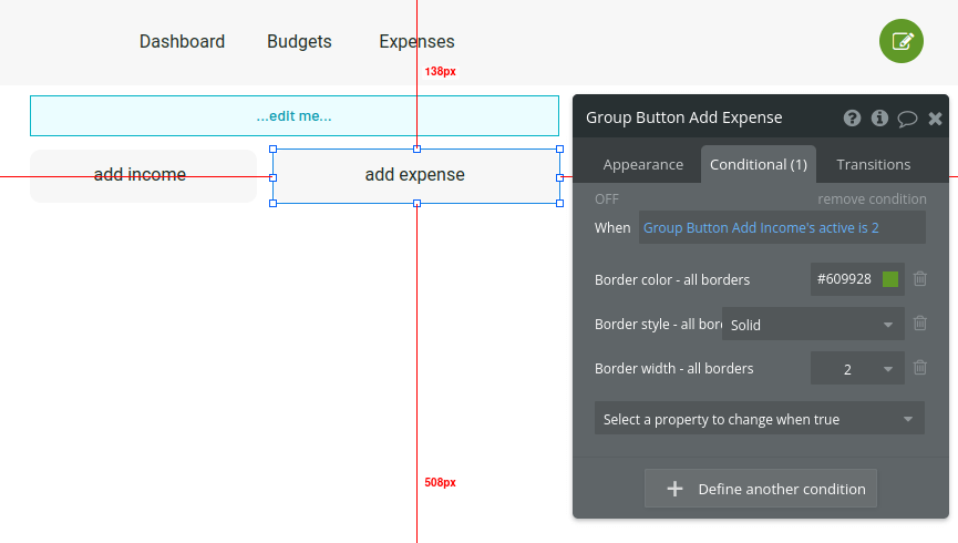 Group Button add expense settings in Bubble editor.