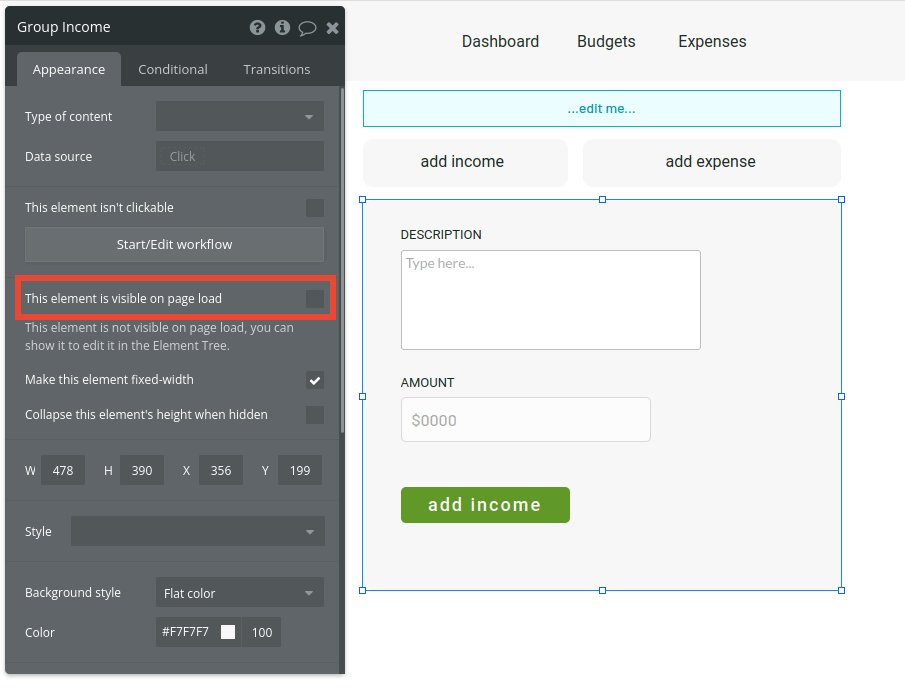 Group income settings in Bubble editor. 