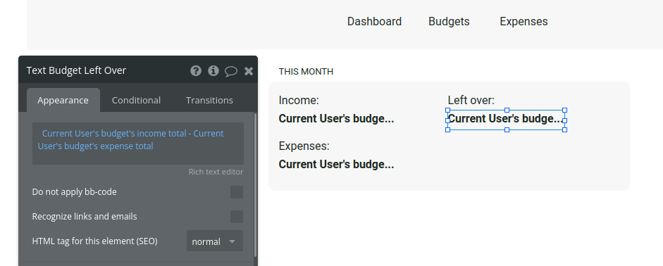 Budget settings in Bubble editor.