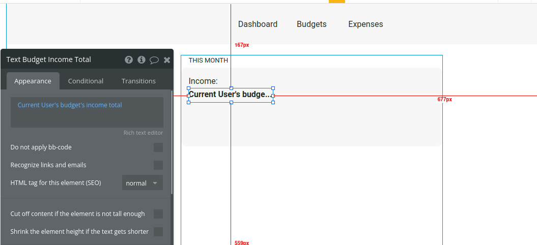 Setting up a budget page in Bubble editor.