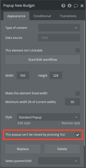 New budget popup settings in Bubble editor.
