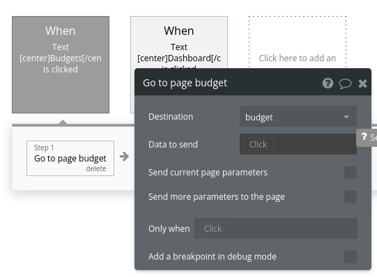 Budget workflow settings in Bubble editor.