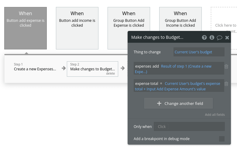 Budget changes and workflow settings in Bubble editor.