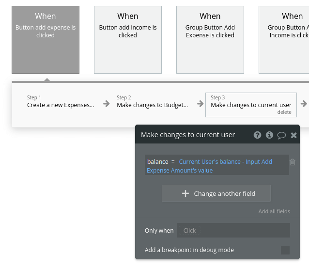 Make changes to current user and workflow settings in Bubble editor.
