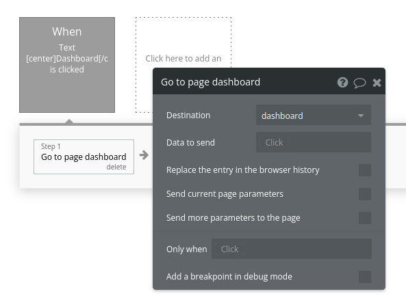 Dashboard workflow settings in Bubble editor.