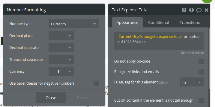 Expense total formatting and settings in Bubble editor.