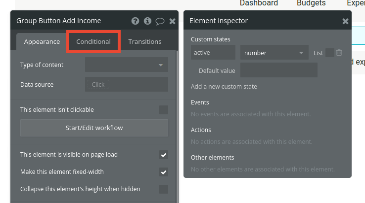 Group Button Add Income settings with Conditional highlighted in red.