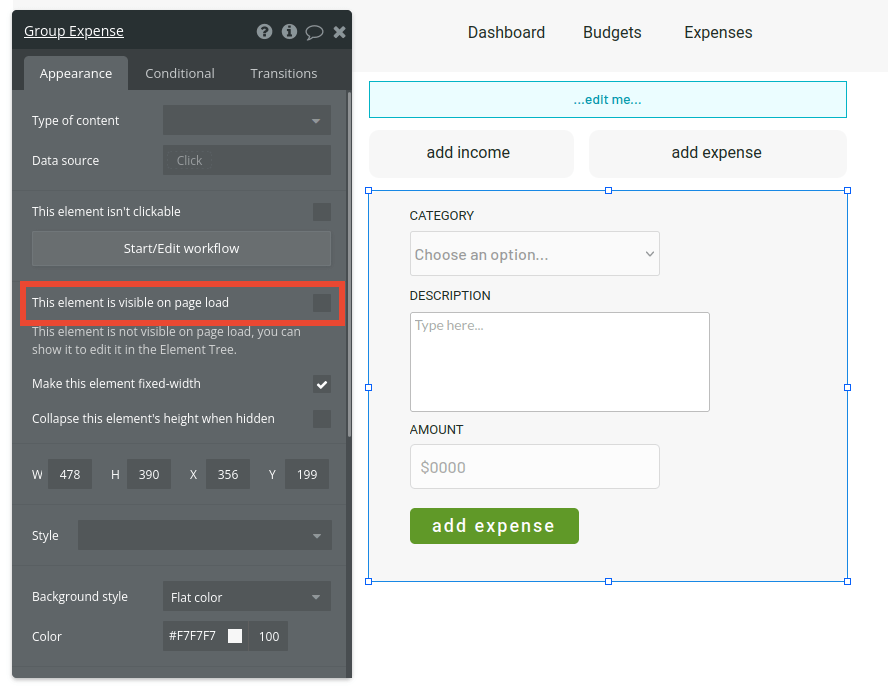 Group expense settings in Bubble editor.