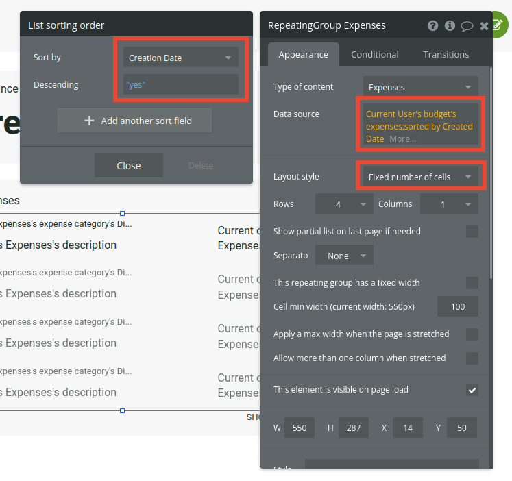 Sorting order and repeating groups settings in Bubble editor.