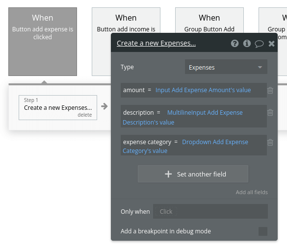New expense workflow and settings in Bubble editor.