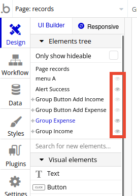 Page: records, Elements tree in Bubble editor.