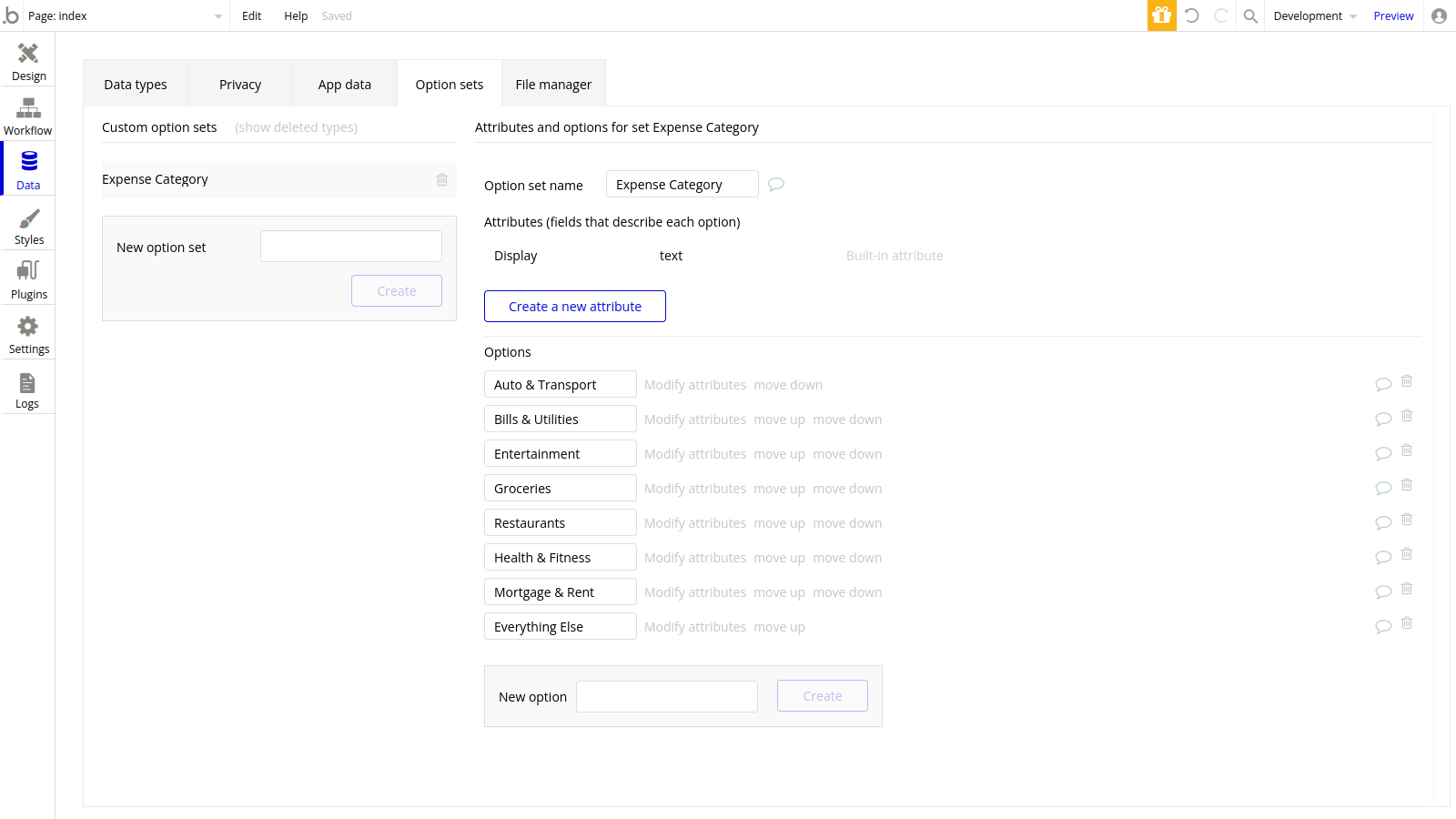 Option sets section in Bubble editor.