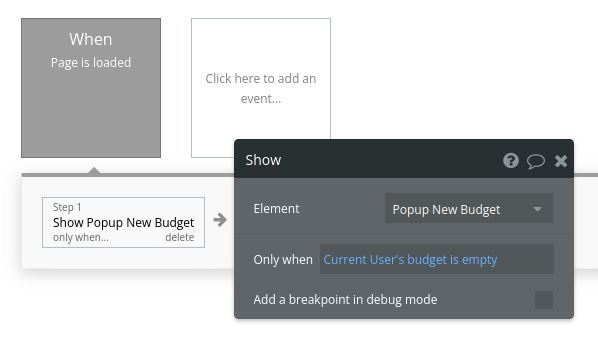 New budget popup workflow settings in Bubble editor.