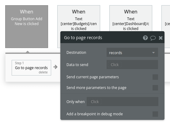 Page records workflow settings in Bubble editor.