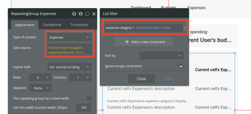 Repeating Group expense settings and list filter in Bubble editor.