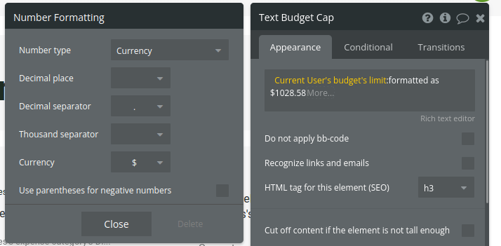 Currency settings and budget cap settings in Bubble editor.