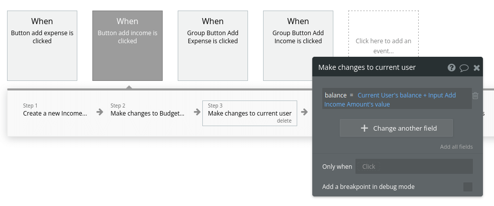 Make changes to current user workflow settings in Bubble editor.