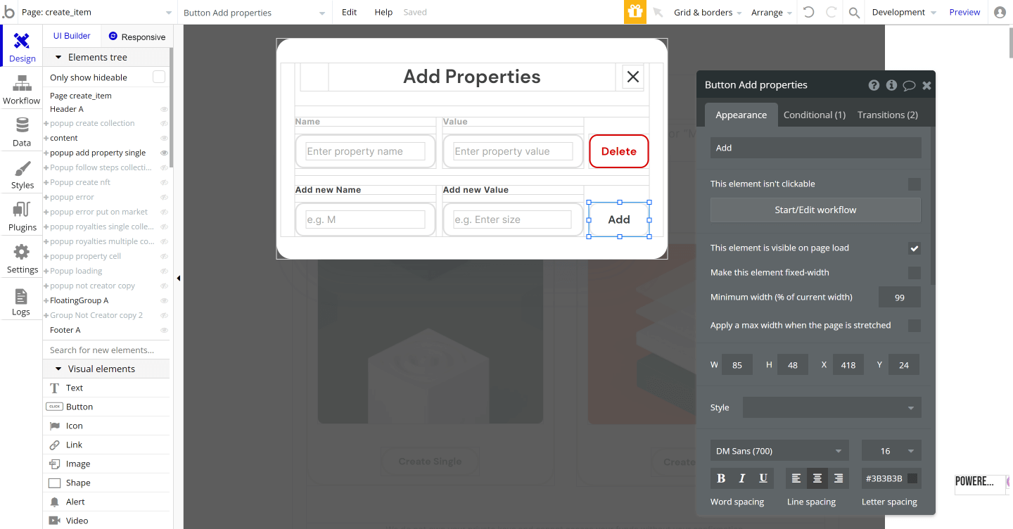 Bubble No Code NFT marketplace Opensea clone tutorial - add properties.