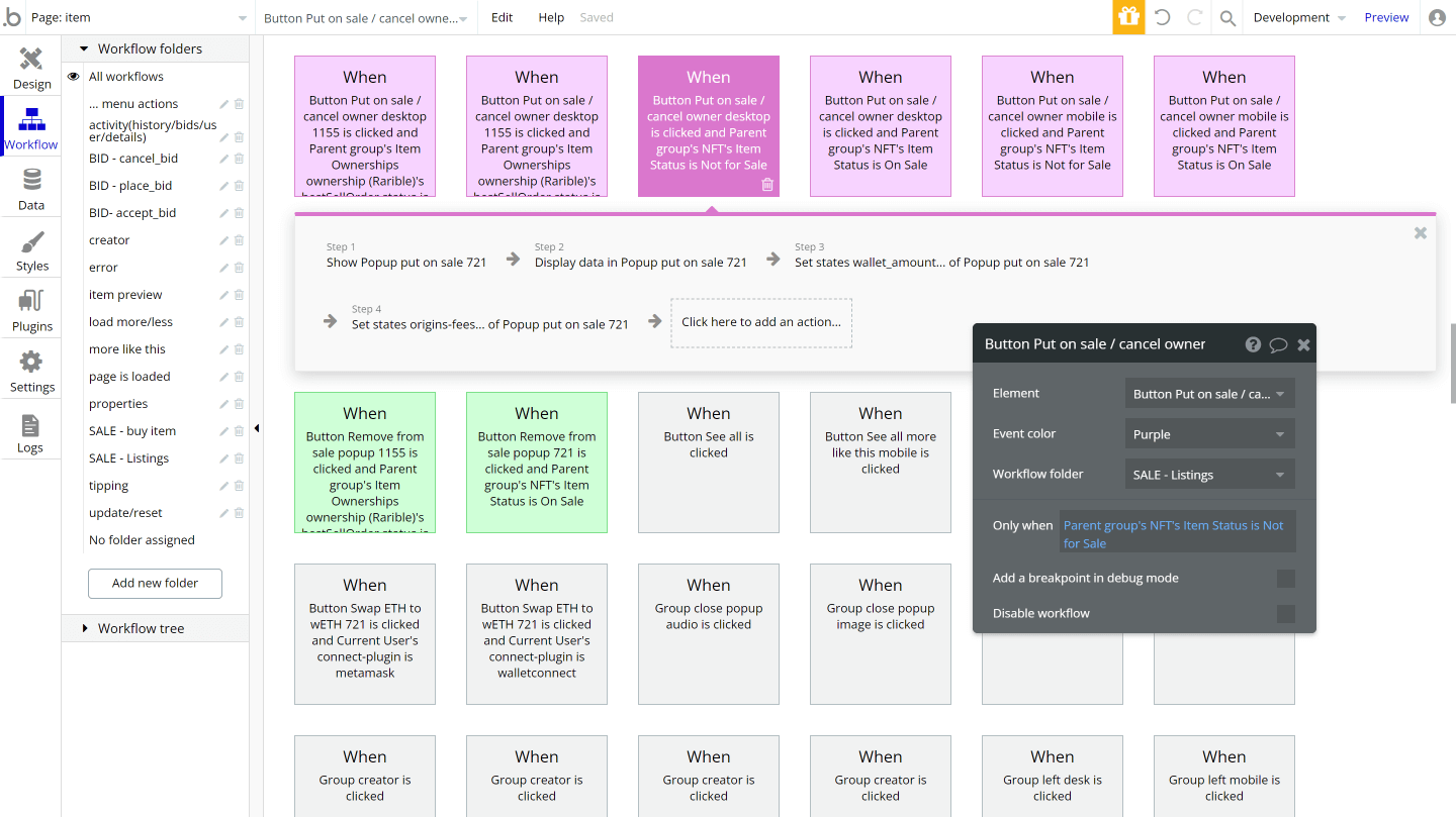 Bubble No Code NFT marketplace Opensea clone tutorial - on sale button.