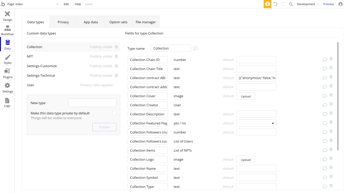 Bubble No-Code NFT Marketplace Template Example Data Types and Fields 