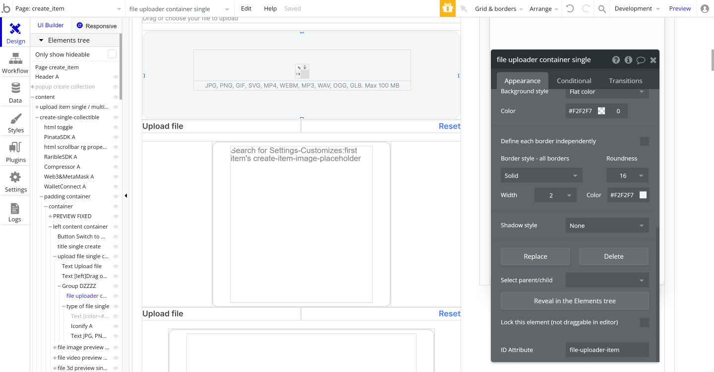 Bubble No Code NFT marketplace Opensea clone tutorial - upload settings.