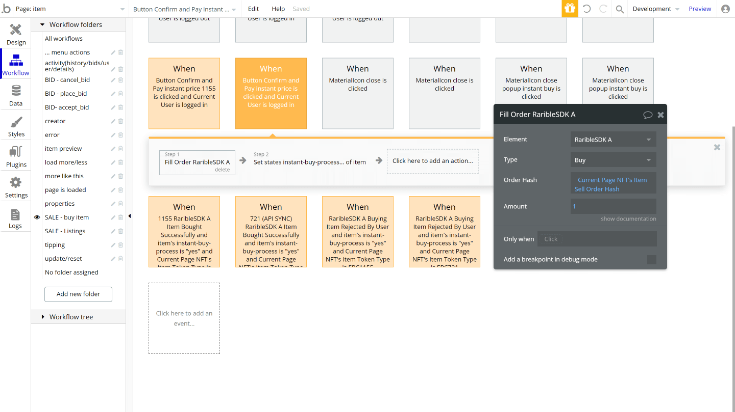 Bubble No Code NFT marketplace Opensea clone tutorial - fill order workflow.