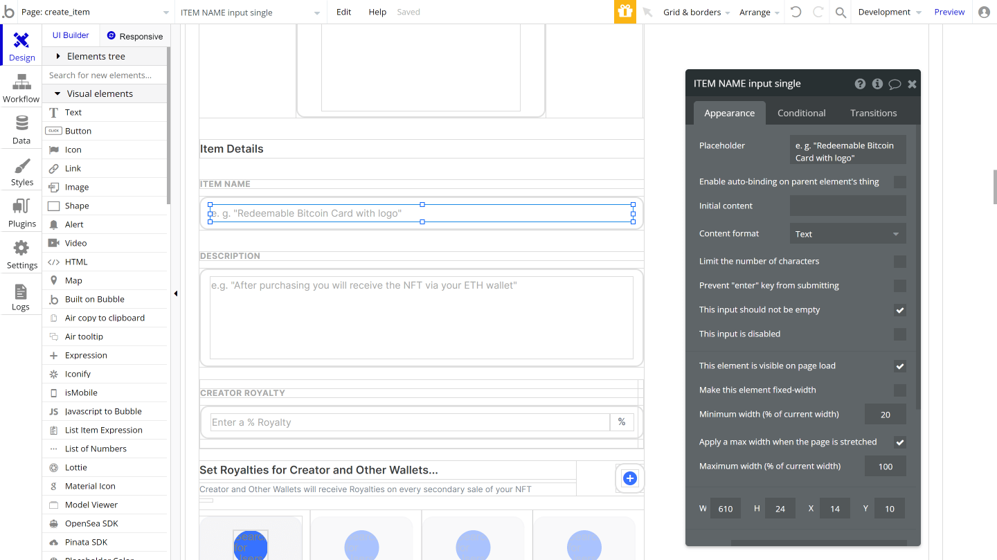 Bubble No Code NFT marketplace Opensea clone tutorial - item details.