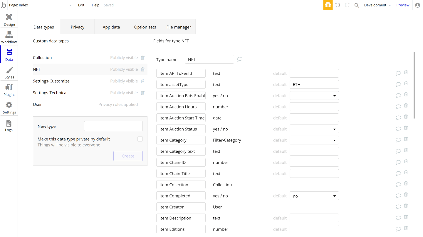 Bubble No-Code NFT Marketplace Template Example Data Types and Fields