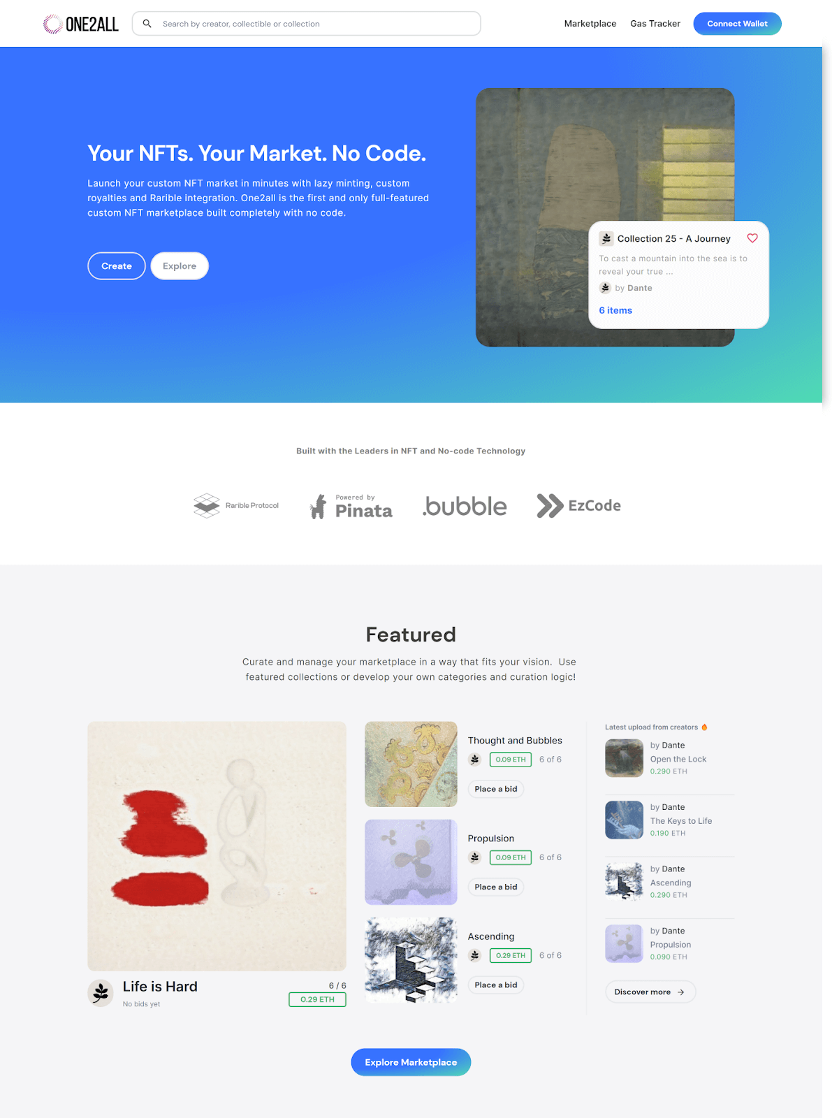 One2all OpenSea Clone NFT Marketplace Built with No Code on Bubble