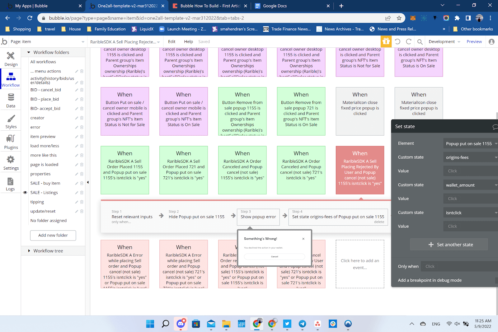 Bubble No Code NFT marketplace Opensea clone tutorial - popup error workflow.