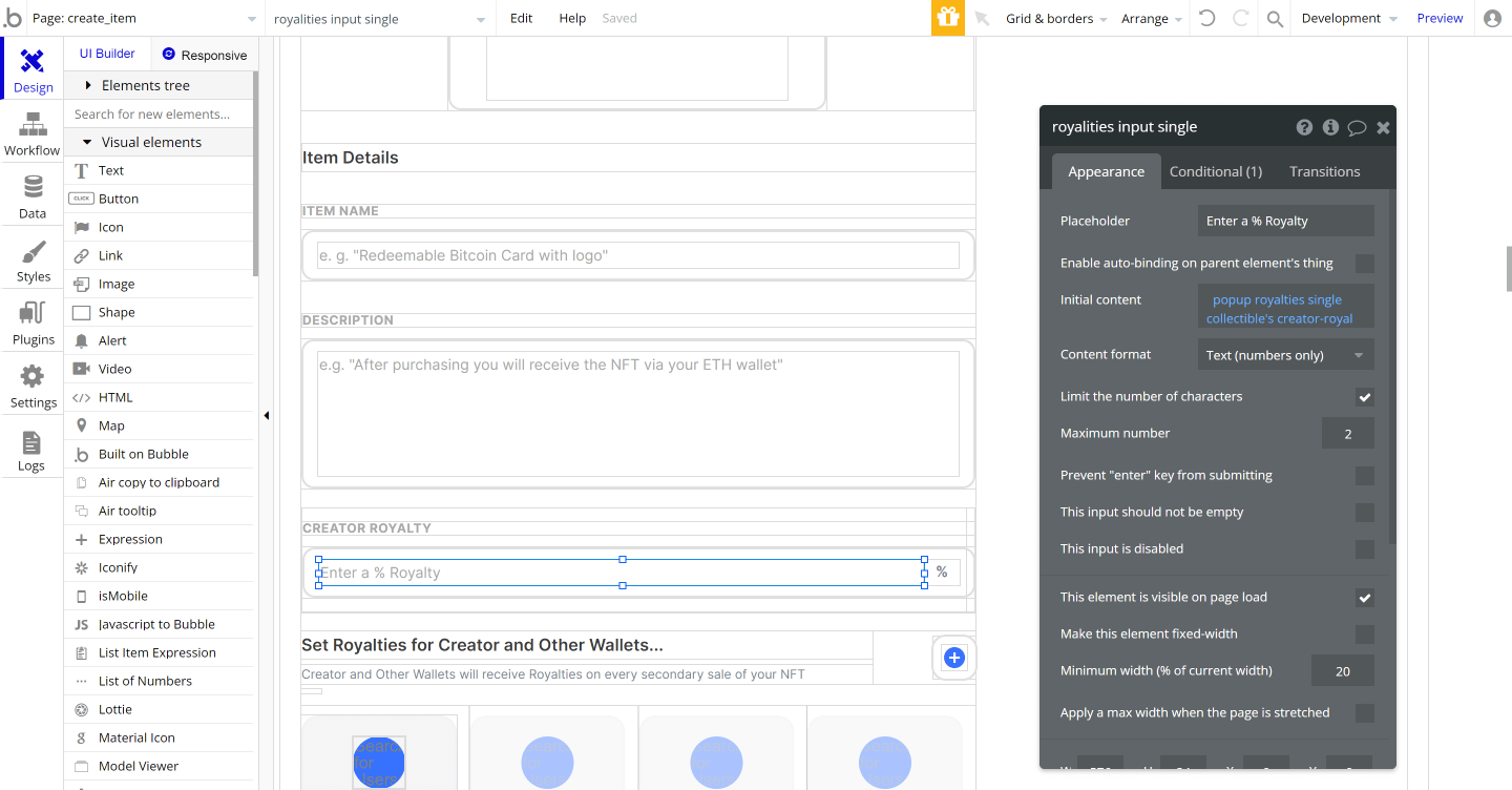 Bubble No Code NFT marketplace Opensea clone tutorial - royalties.